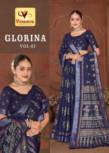 glorina vol 3 by vinamra series 3001 to 32008 linen print wholesale saree in surat 