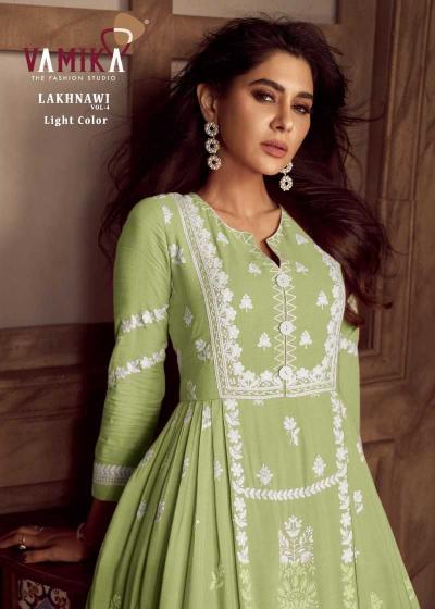 lakhnavi vol 4 light color by vamika rayon white thread full stitch party wear dress