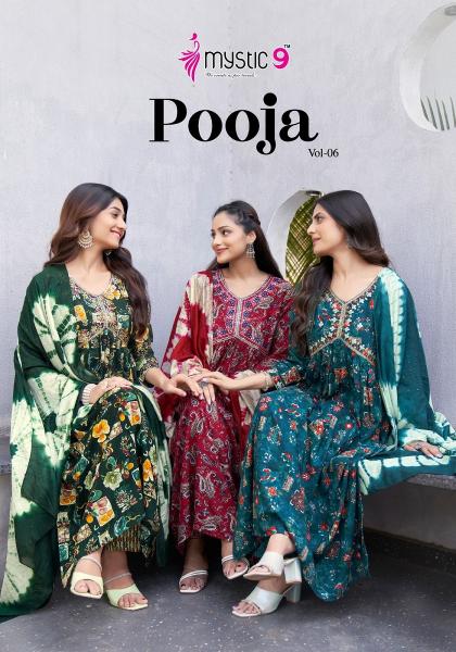 Mystic9 Pooja Vol-6 series 6001-6008 Heavy Rayon wholesale readymade salwar kameez in surat