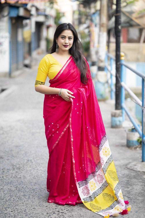 pr kc 4002 colour addition chanderi cotton bhandani saree supplier