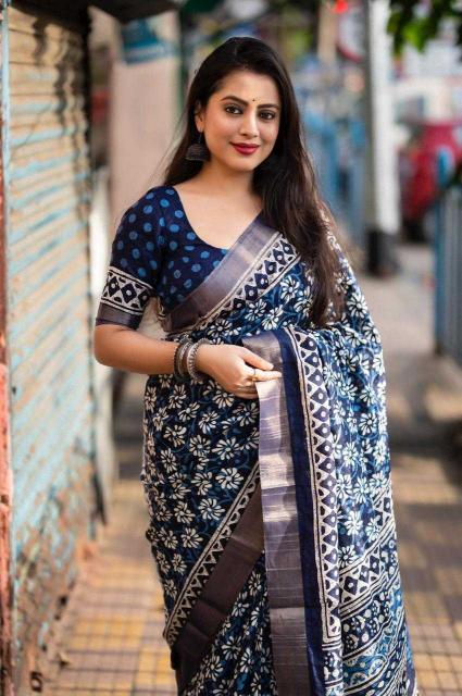 pr trendy indigo batik print stylish soft silk saree