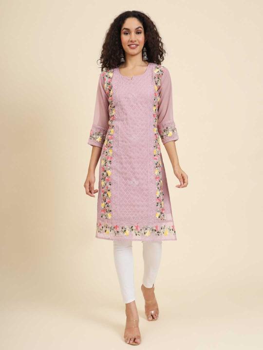 pr white flower vol 6 georgette lucknowi chickenkari full stitch kurti