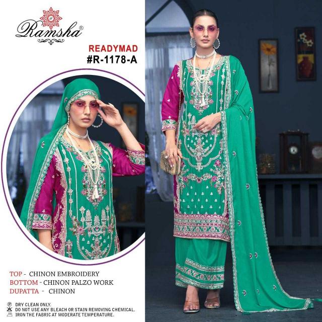 RAMSHA 1178 SERIES 1178 A TO 1178 D MOST BEAUTIFUL CHINON BOLLYWOOD STYLE PAKISTANI FULLY STITCH DRESS