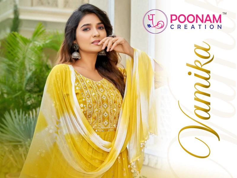 vamika poonam creation rayon gold print nyra elegant style full stitch 3pcs dress