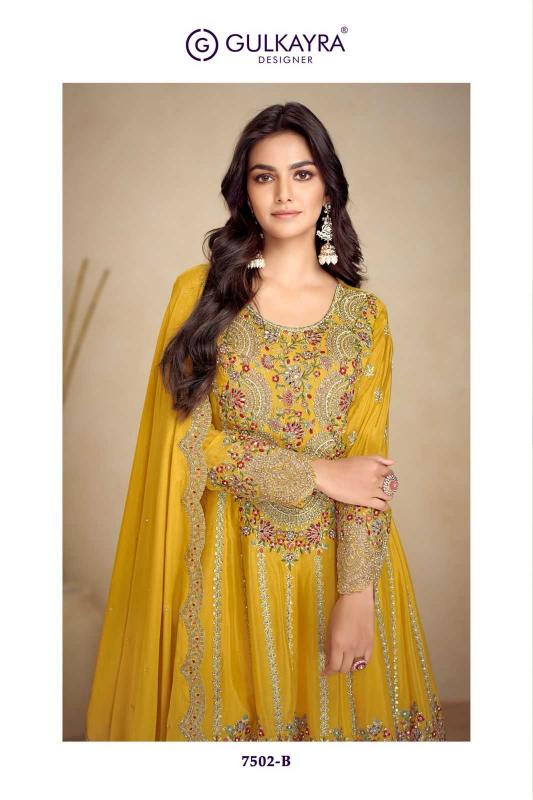 Gulkayra Designer Jalwa Series 7502 A-E Chinon Palazzo Style Designer Full Stitch Dress