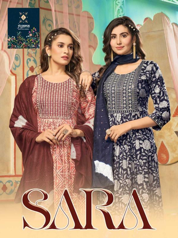 JIYANA SARA UNIQUE COLOURS SERIES 101 TO 108 NYRA CUT FULL STITCH RAYON FOIL PRINT 3PCS DRESS