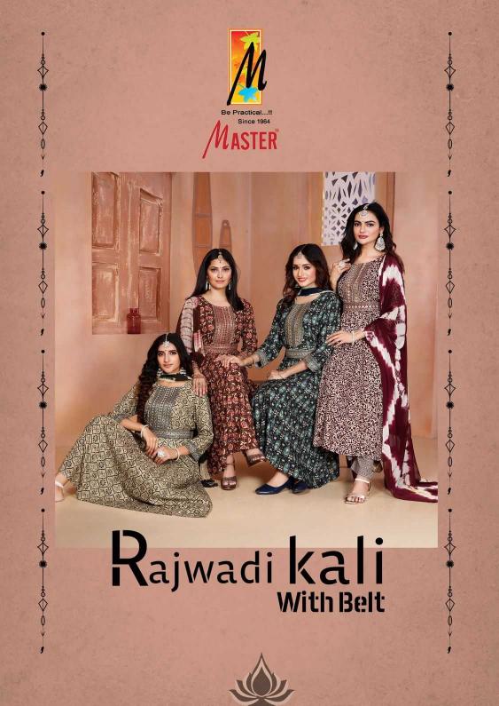  MASTER RAJWADI KALI WITH BELT SERIES 101 TO 108 RAYON REGULAR WEAR FULL STITCH 3PCS DRESS