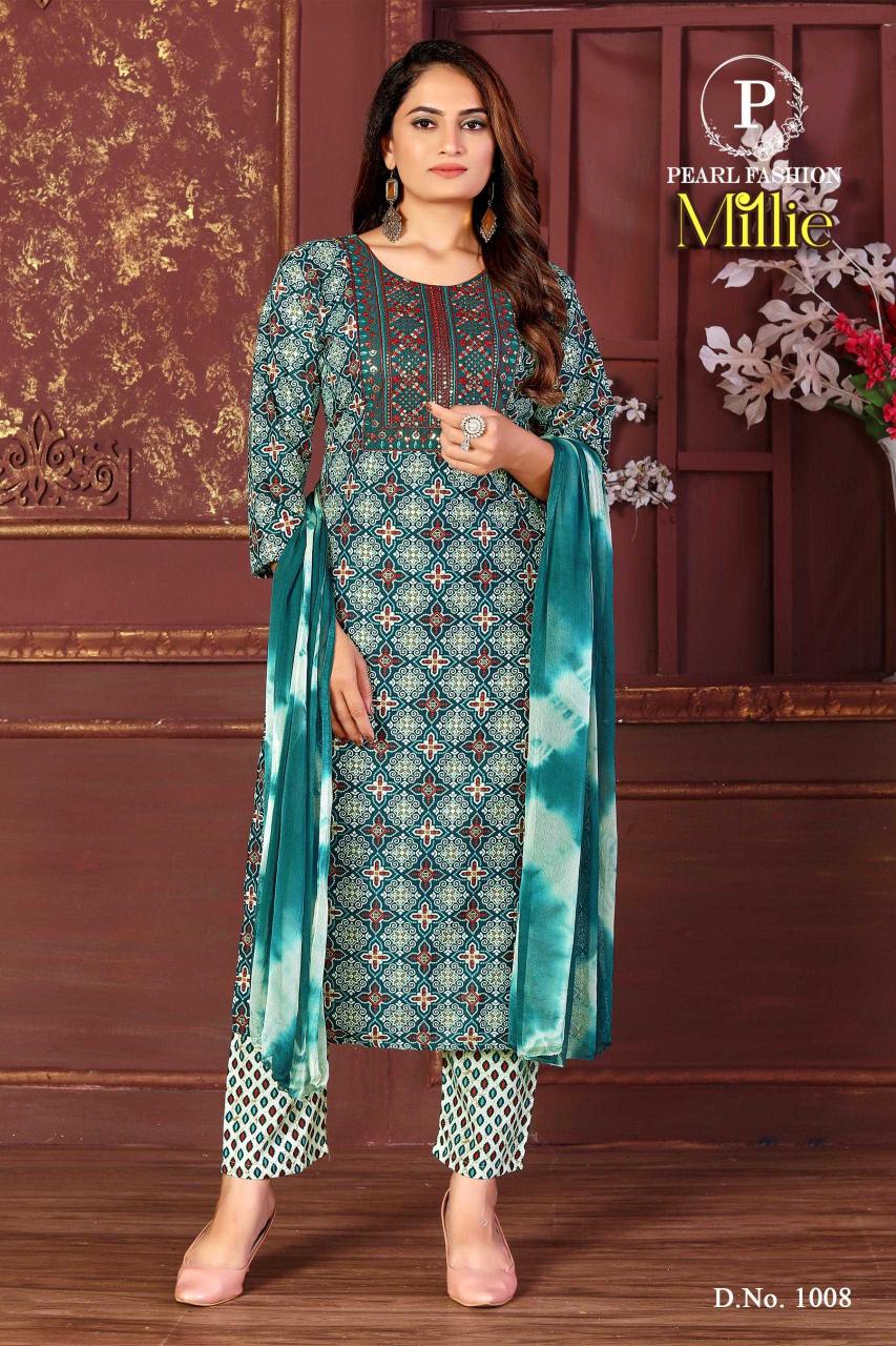 pearl fashion millie series 1001-1008 RAYON  wholesale readymade salwar kameez in surat