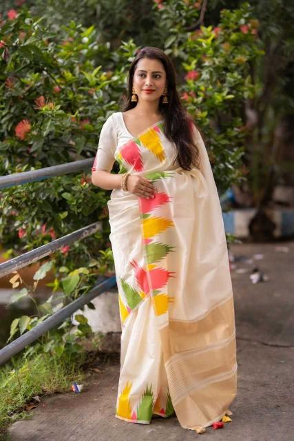 pr kc ivory temple silk multi colour zari woven wholesale saree in surat