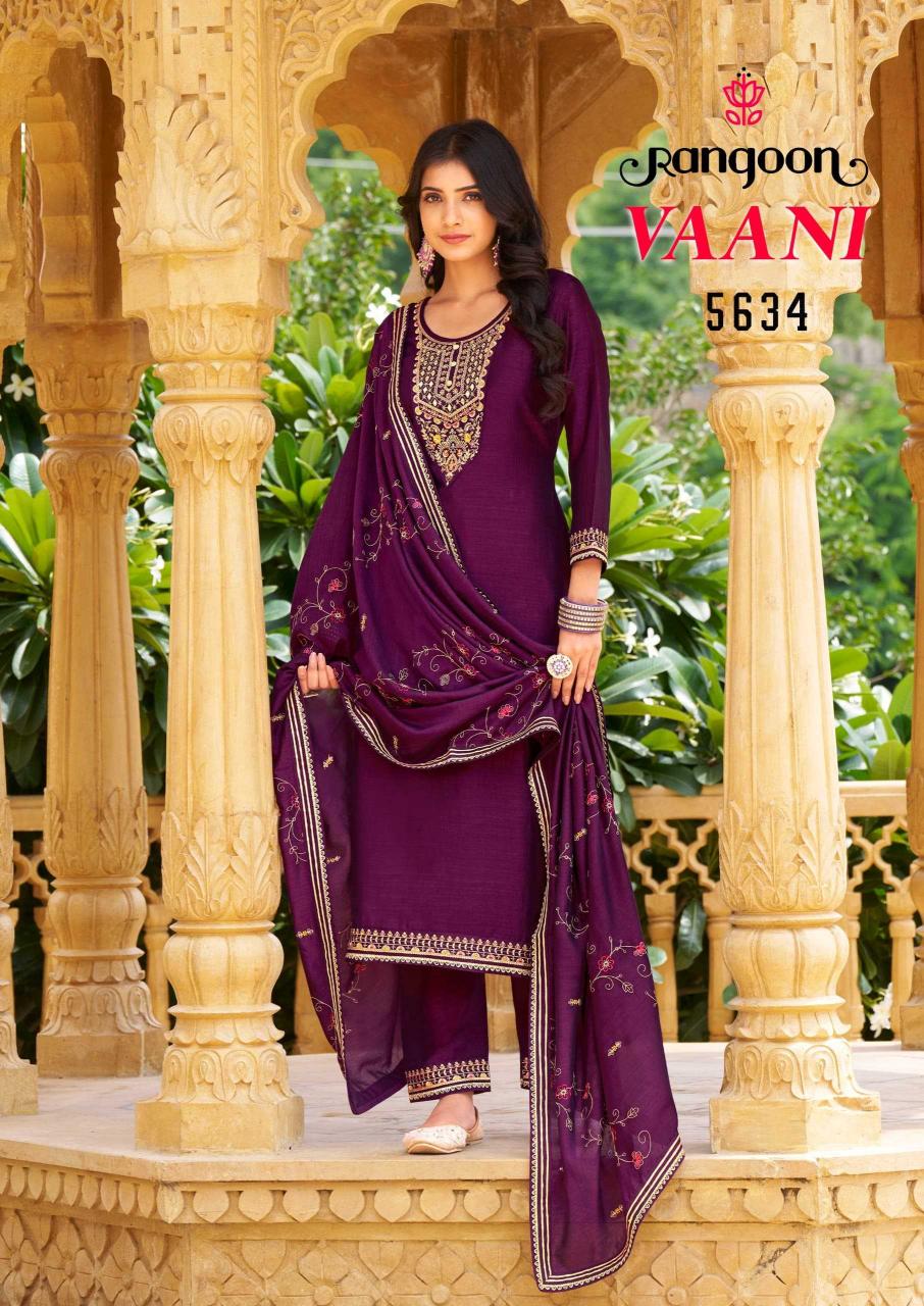 Rangoon Vaani Series 5631 To 5636 Embroidered Kurti, Bottom & Dupatta Collection In Wholesale