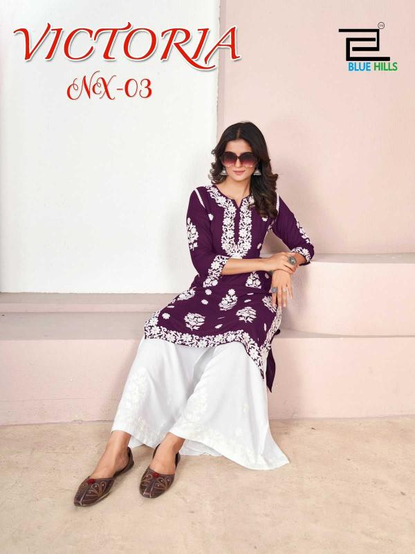 Blue Hills Victoria NX 3 Series 1001-1006 Rayon Readymade Thread Work Kurti with Palazzo Premium Collection from Surat