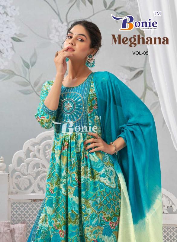 BONIE MEGHANA VOL 5 SERIES 5001-5006 Rayon Print Wholesale Ready-Made Suits in Surat