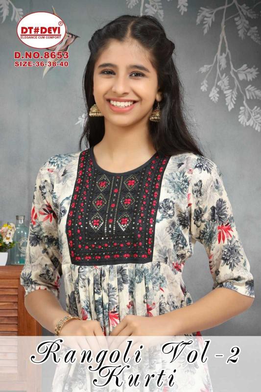 DT Devi Rangoli Vol 2 8653 Rayon Print readymade Wholesale Kids Kurti in Surat