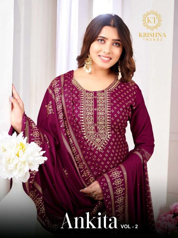 Krishna Trendz Ankita Vol 2 Series 1001-1008: Rayon Wholesale Readymade Suits in Surat