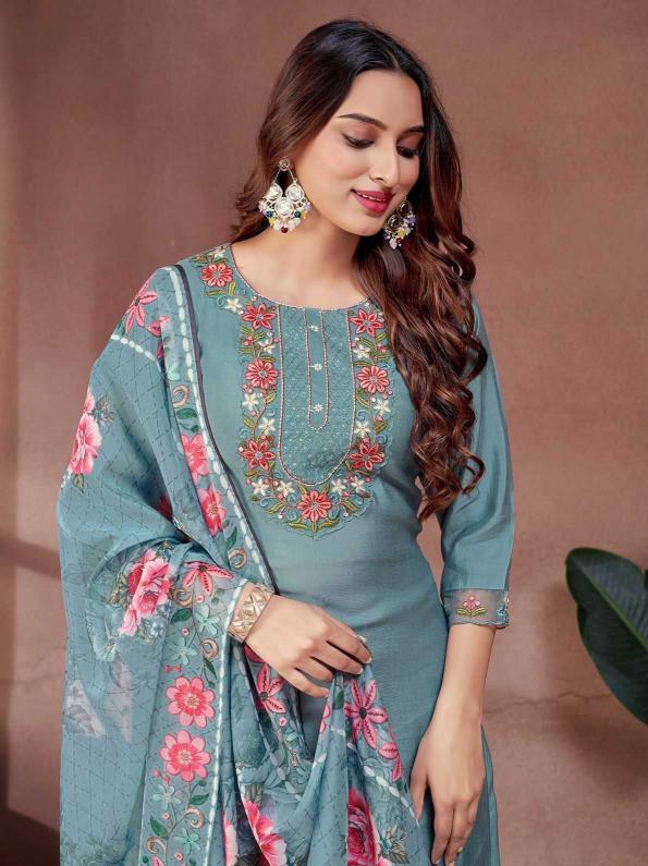 PR Roman Silk Embroidery Work Wholesale Readymade Salwar Kameez in Surat