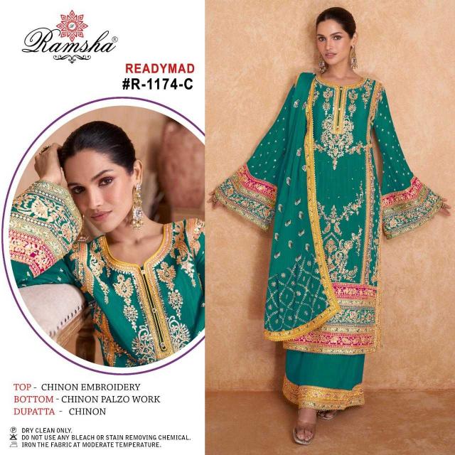 RAMSHA 1174 NX Chinon Embroidery Work Wholesale ReadyMade Pakistani Palazzo Suit in Surat