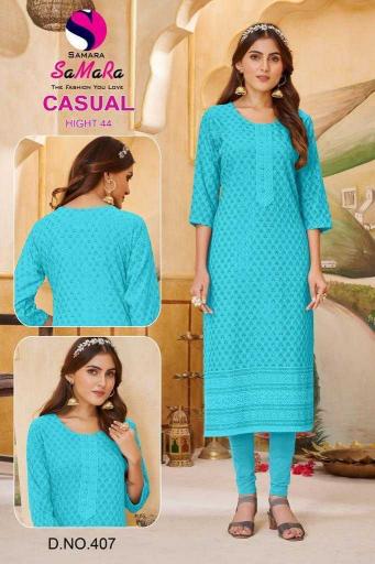 Samara Casual Series 401-428 Rayon Shiffli Work Wholesale Readymade Combo Long Kurti Surat