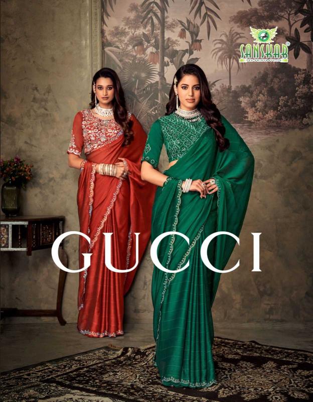 Sanskar Tex Prints Gucci Series 3001 to 3008 Chiffon Wholesale Sarees with Stitched Blouse in Surat