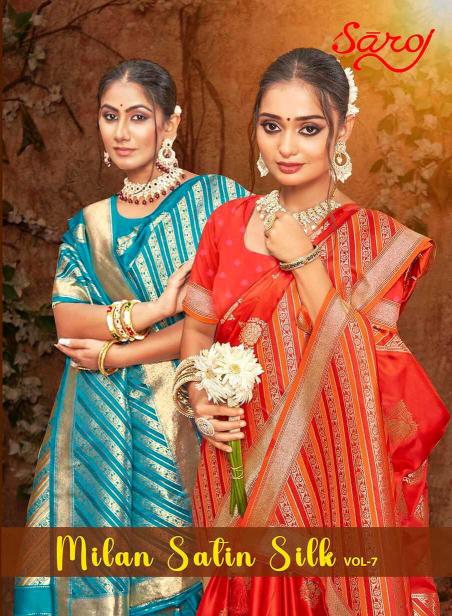 SAROJ MILAN Satin Silk Vol. 7 Series 1001-1006 Satin Silk Wholesale Sarees in Surat