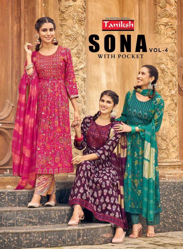 Taniksh Sona Vol 4 Series 4001 to 4008 Capsule Rayon Print Wholesale Readymade Nayra Suits in Surat