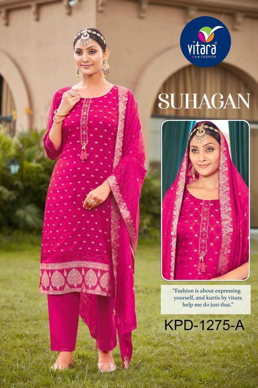 Vitara Fashion Suhagan Series 1275 Muslin Weaving Jacquard Readymade Wholesale Combo Suits in Surat