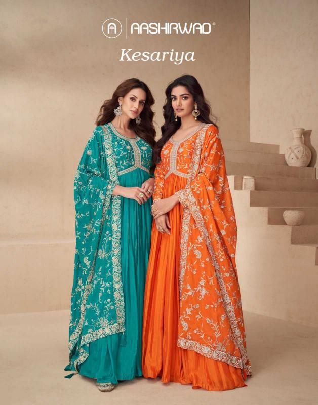 aashirwad kesariya series 10140-10143 CHINNON SILK Wholesale Salwar Kameez in Surat