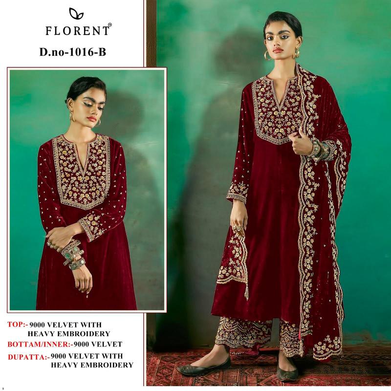 Florent™️ D No-1016 ABCD 9000 Velvet with Heavy Embroidery Wholesale Salwar Kameez in Surat