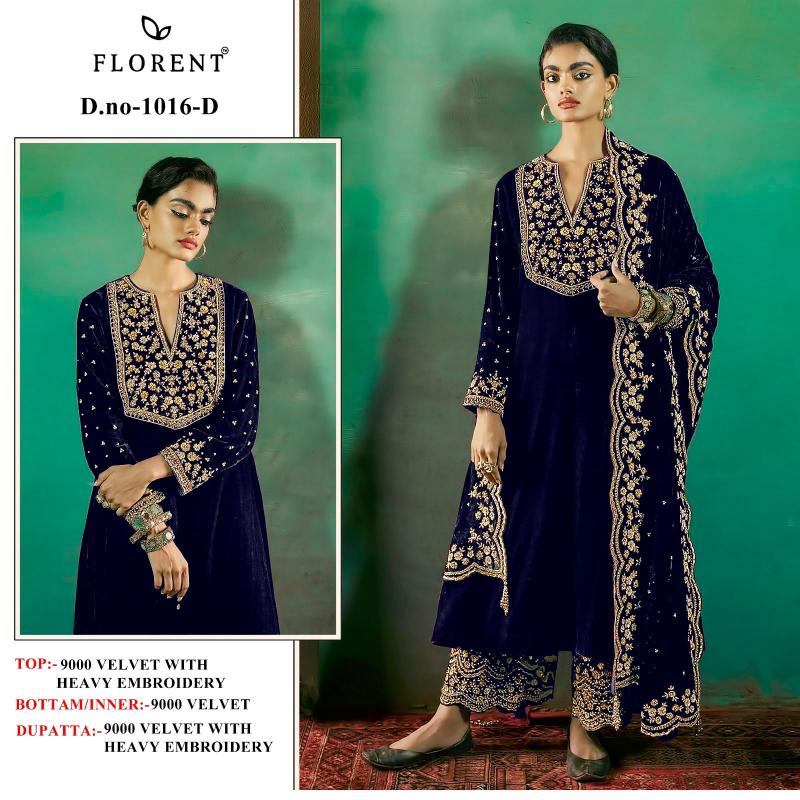 Florent™️ D No-1016 ABCD 9000 Velvet with Heavy Embroidery Wholesale Salwar Suit in Surat