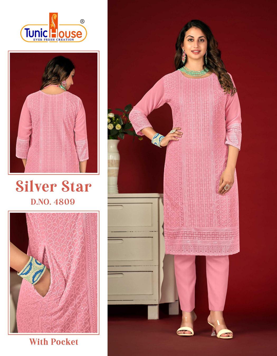 TUNIC HOUSE SILVER STAR series 4801-4814 CHIKANKARI Wholesale kurti in Surat