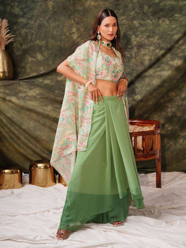 amoha trendz c407 georgette with cowl and silk satin shrug wear for indo western