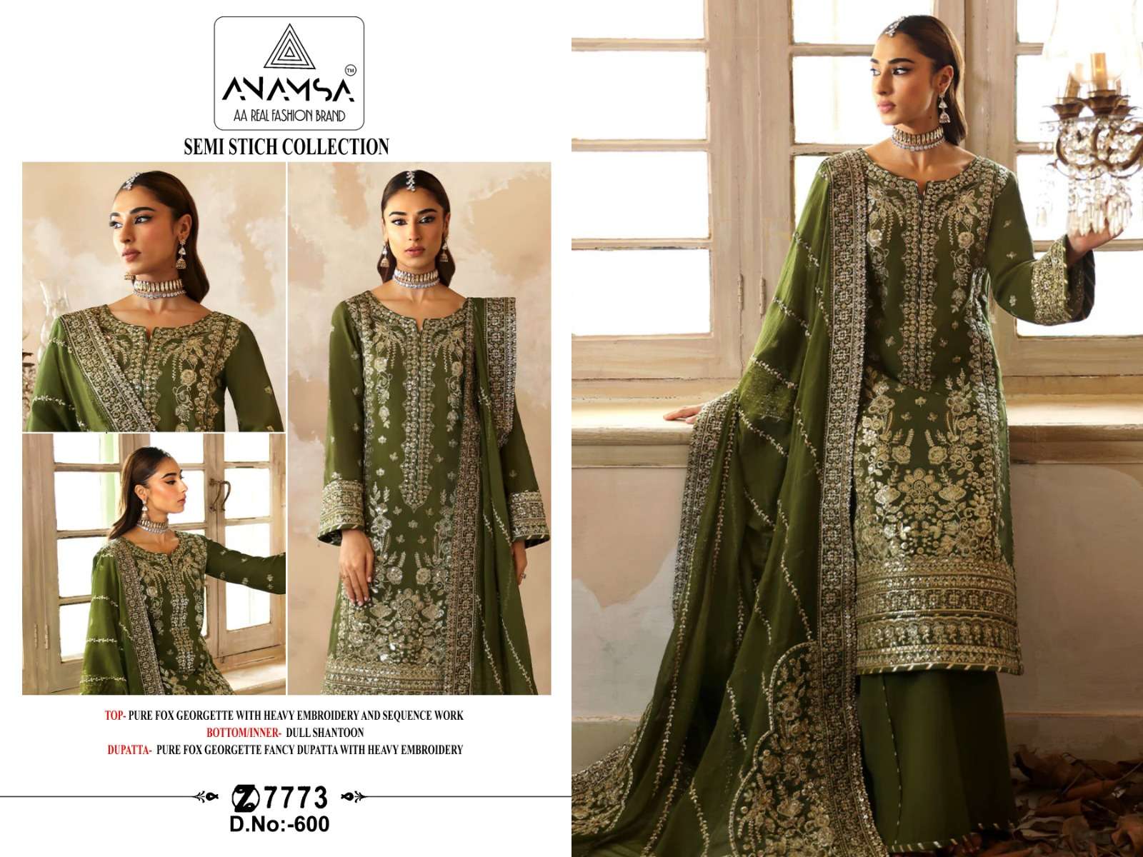 ANAMSA 7773 D.NO.-600 Pure Georgette with Heavy Embroidered Wholesale Salwar Kameez in Surat