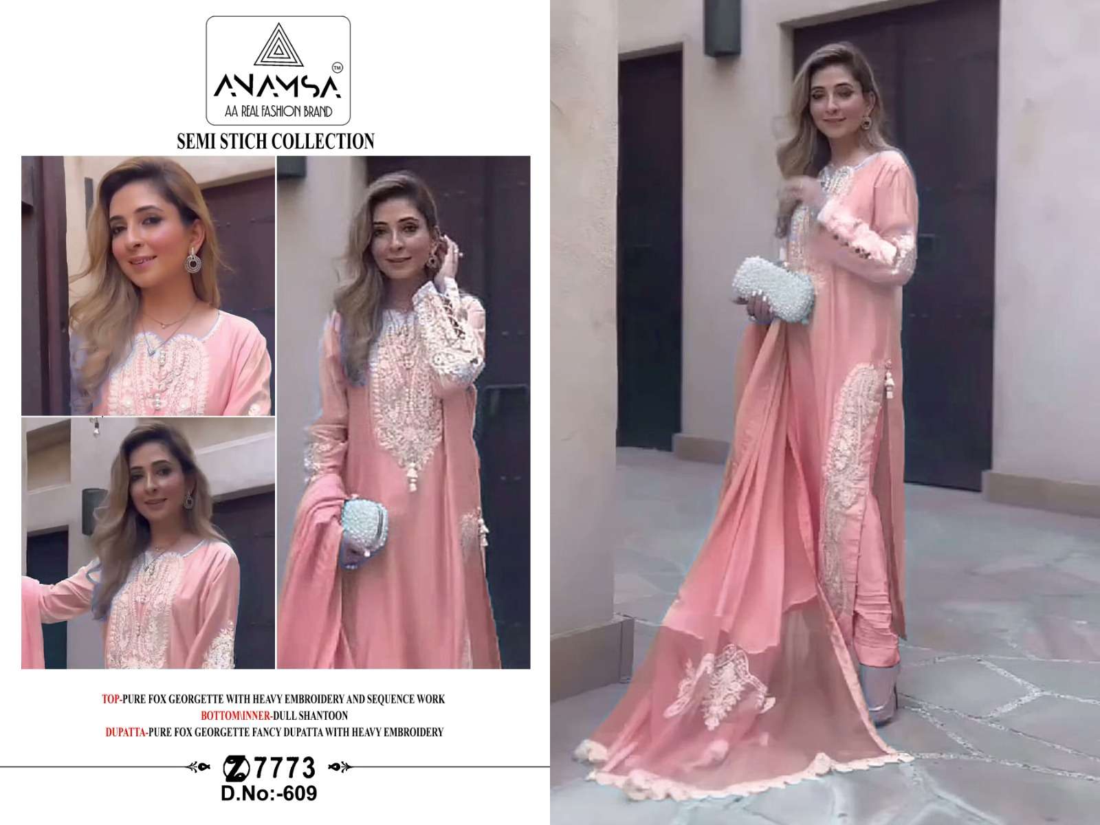 ANAMSA®️ 7773 D no. 609 Pure Fox Georgette with Heavy Embroidery Wholesale Salwar Kameez in Surat