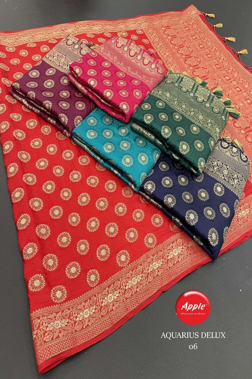 apple aquarius deluxe gajji satin with embossed weaving wholesale saree in surat 