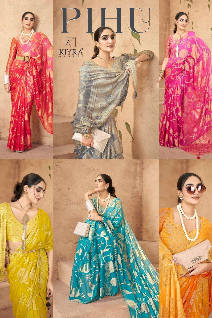 kiyra pihu series 1001-1006 DULL MOSS BRASSO Wholesale Saree in Surat