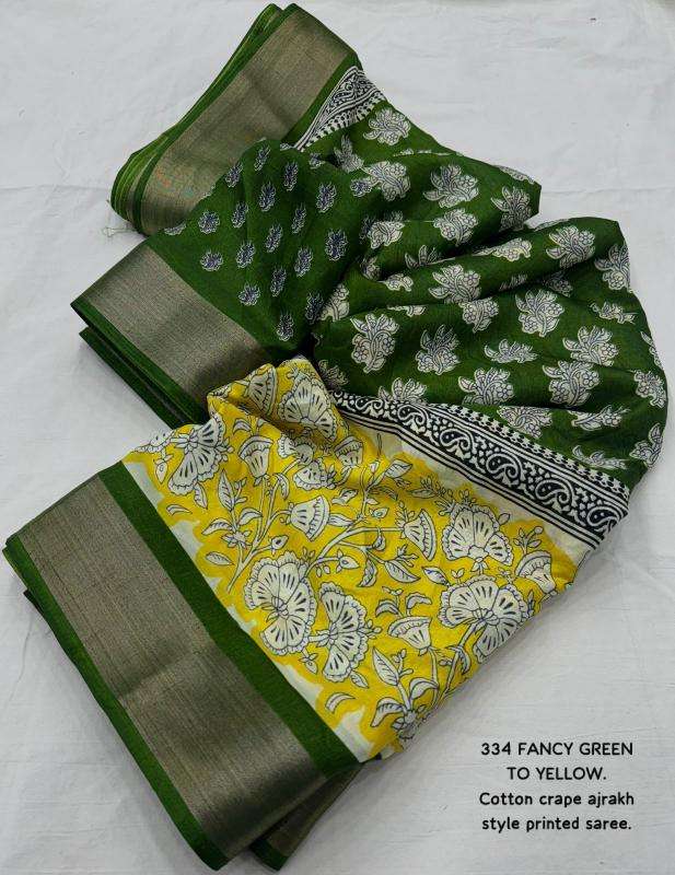 pr kc 334 fancy green to yellow soft cotton crape ajrakh saree