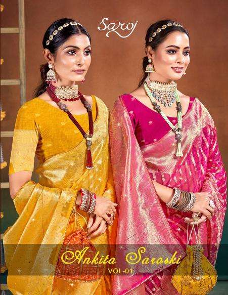 Saroj Ankita Swarovski Vol-1 series 1001-1006 Soft Organja wholesale saree in surat 