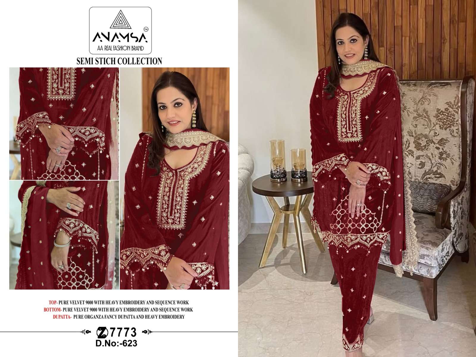 ANAMSA 7773 D. NO. 623 Heavy Pure Velvet 9000 with Heavy Embroidered Wholesale Salwar Kameez in Surat