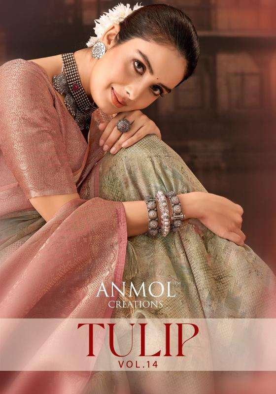 anmol creation tulip vol 14 series 1401-1411 muslin silk wholesale saree in surat 