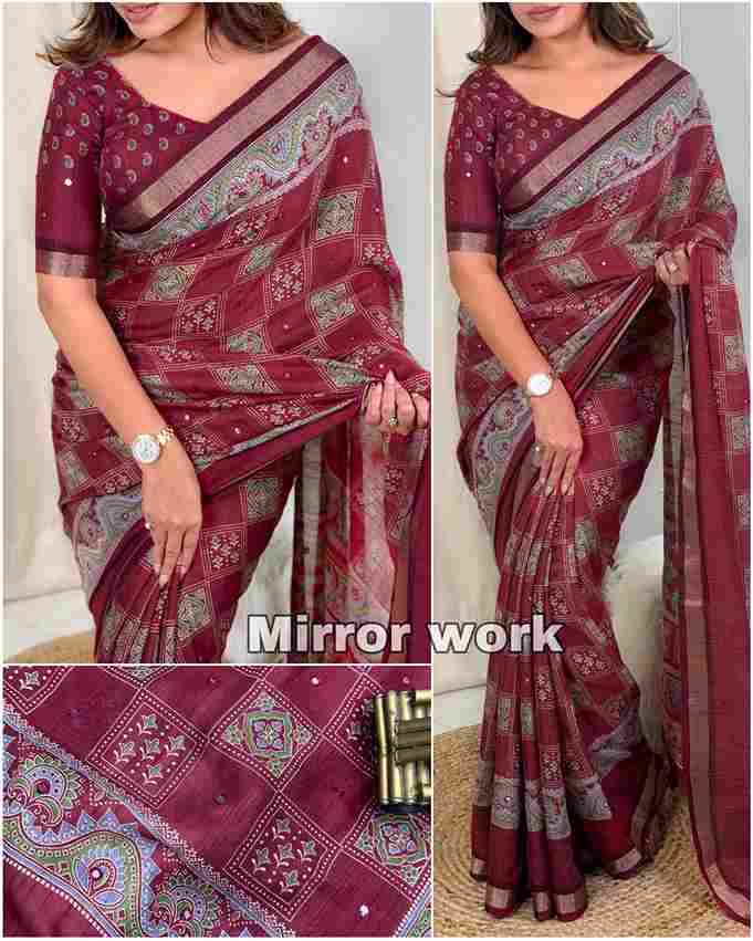 BT-56 Ajrakh Print Full Saree with Zari Weaving Border & Mirror Work Wholesale Saree in Surat