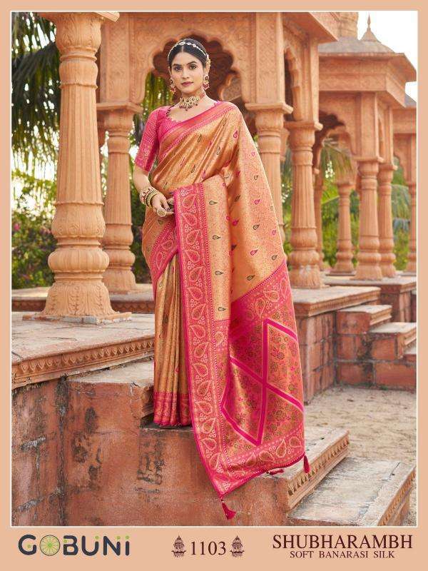 Buy Gobuni Shubharambh 1103 Soft Banarasi Silk Wholesale Sarees in Surat