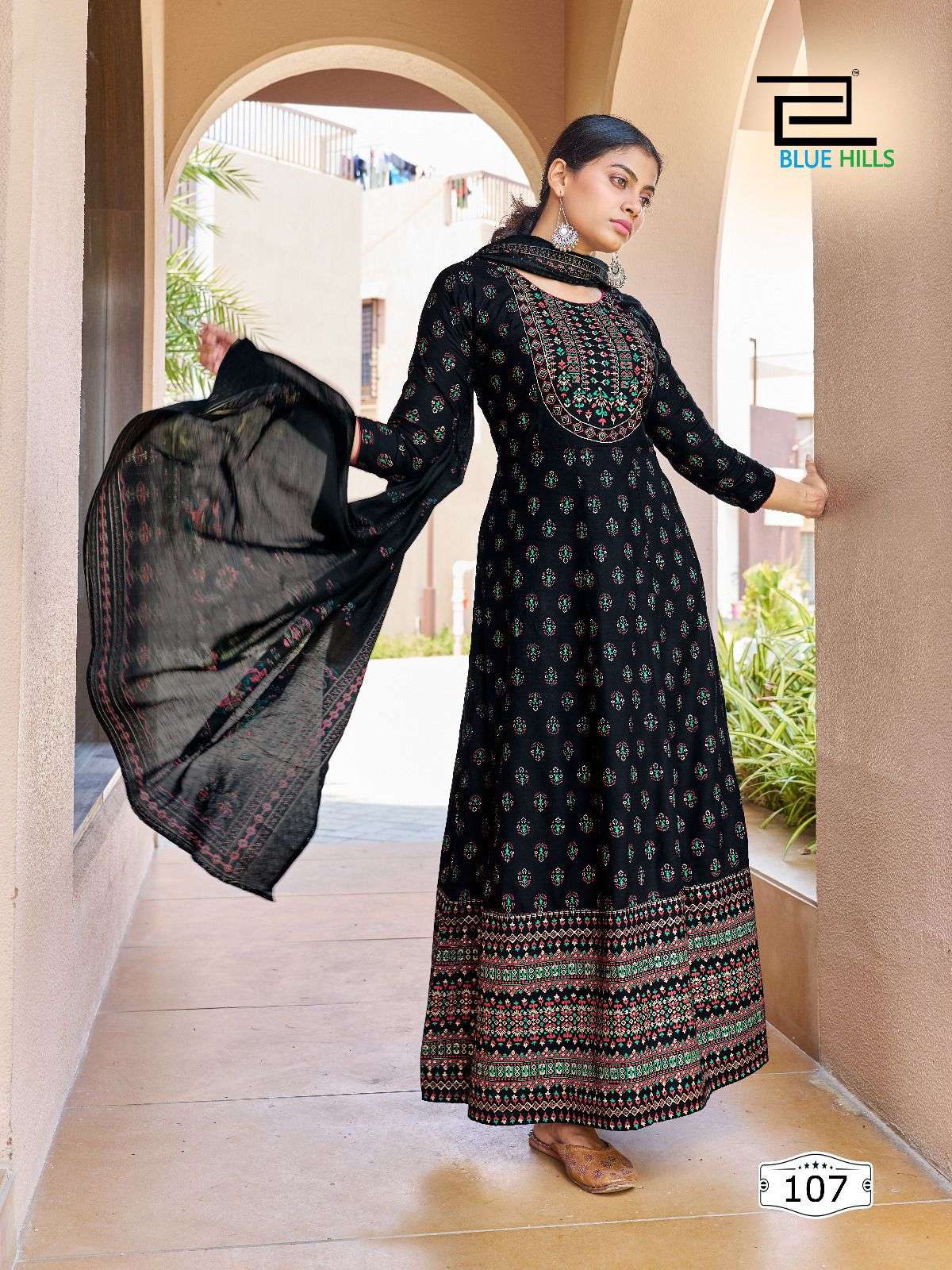 Heavy Rayon Printed Long Gown with Dupatta Multi-Color Combination Wholesale Gown in Surat