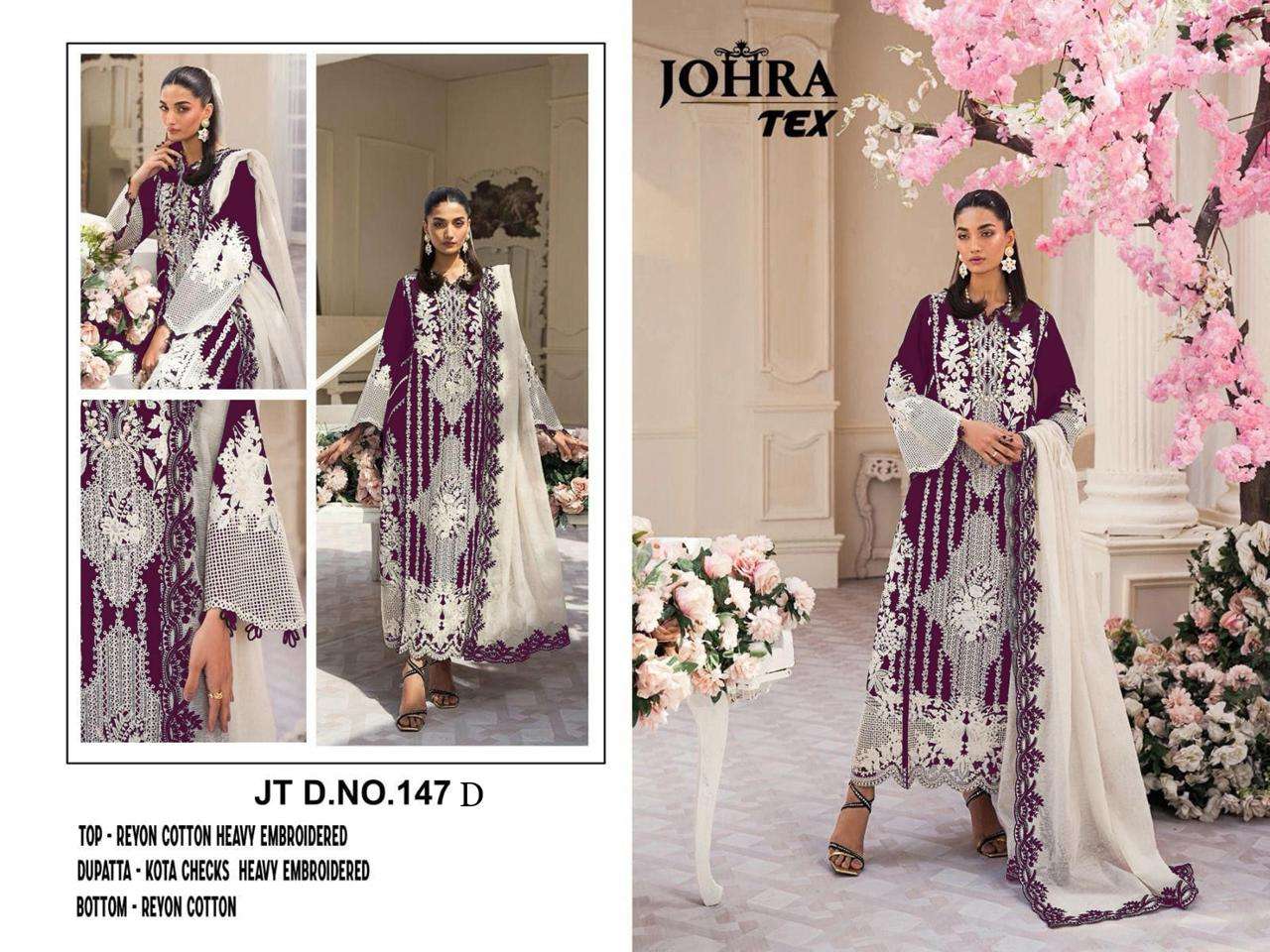 Johra Tex D No: JT-147 (A, D, F, H, J, K) Rayon Cotton Heavy Embroidered with Pearls Moti Work Wholesale Salwar Kameez in Surat