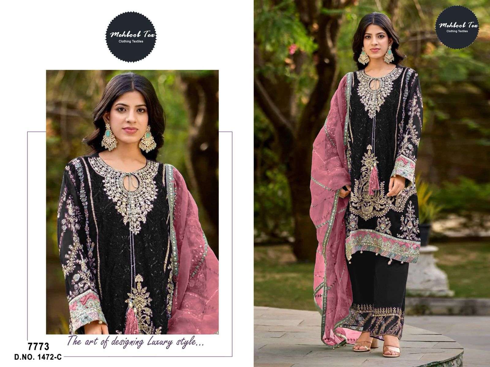 Mehboob Tex D.No. 1472 Organza Salwar Kameez with Embroidery Work Wholesale in Surat