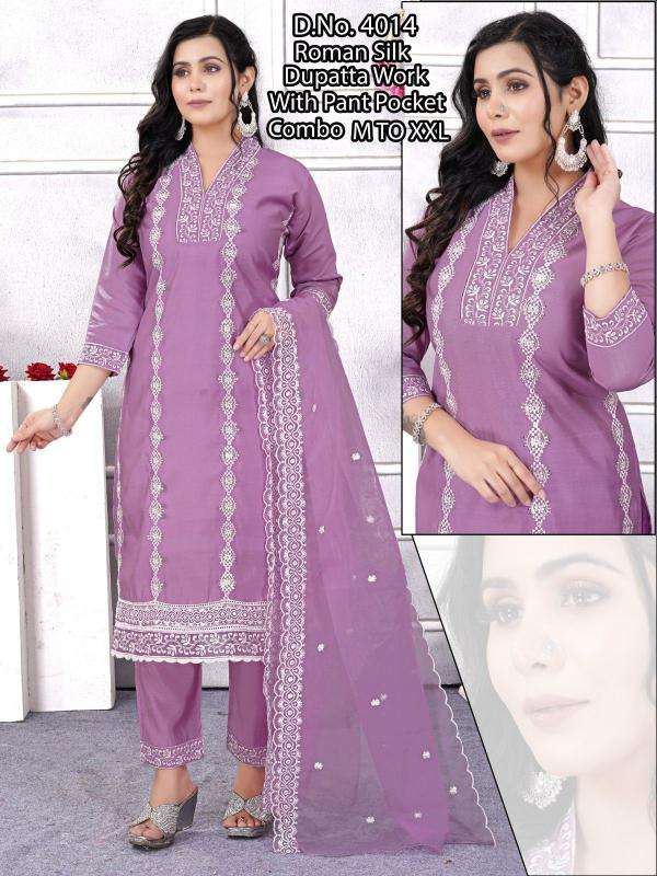 pr roman silk embroidery work full stitch party wear combo suits for women