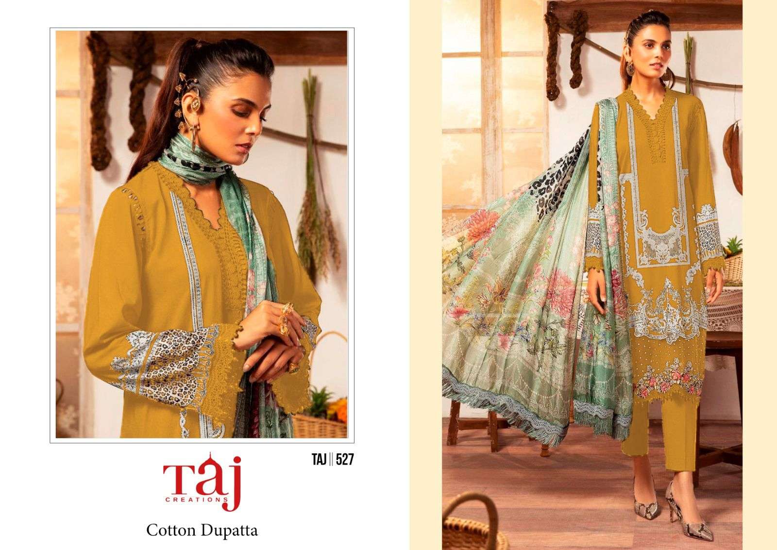 Taj Creation D.No. 526-527 Pure Cotton Print with Heavy Embroidery Wholesale Salwar Kameez in Surat