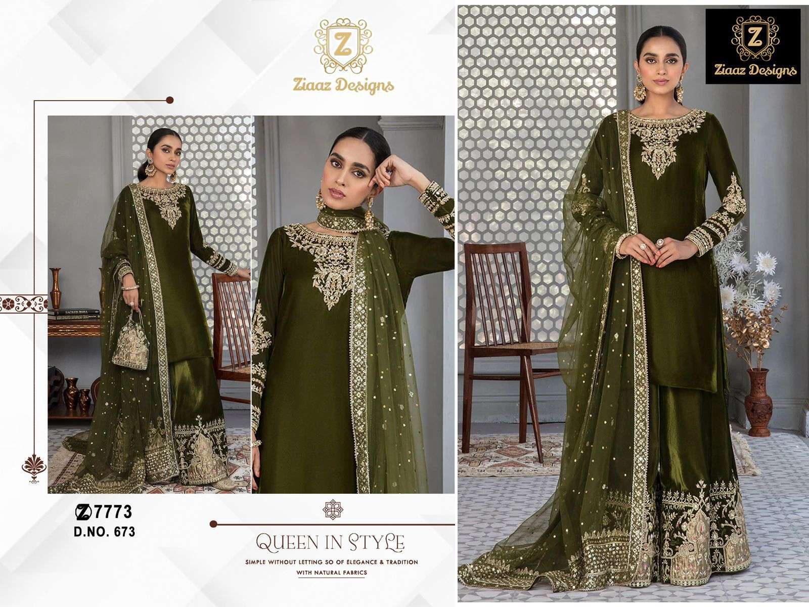 Ziaaz Designs Code 673 Pure 9000 Velvet with Beautiful Embroidery Wholesale Salwar Kameez in Surat