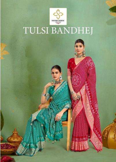 shubh shree tulsi bandhej series 1001-1006 velvet tusser silk wholesale saree in surat 