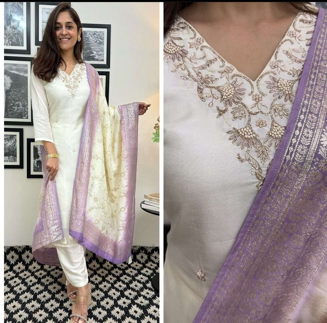 Flaunt the amazing WHITE Premium Roman Silk color of this suit 