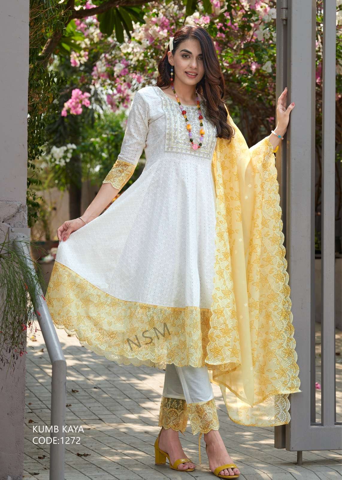 Kumb kaya designer heavy embroidered neck pure cotton anarkali suit