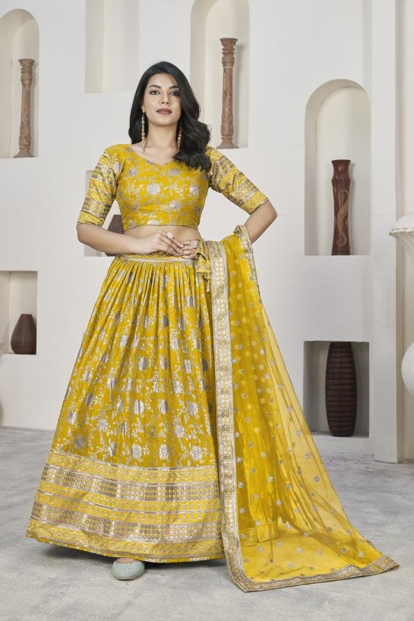 aawiya aalisha vol 1 1018 yellow coloured semi stitched lehenga 